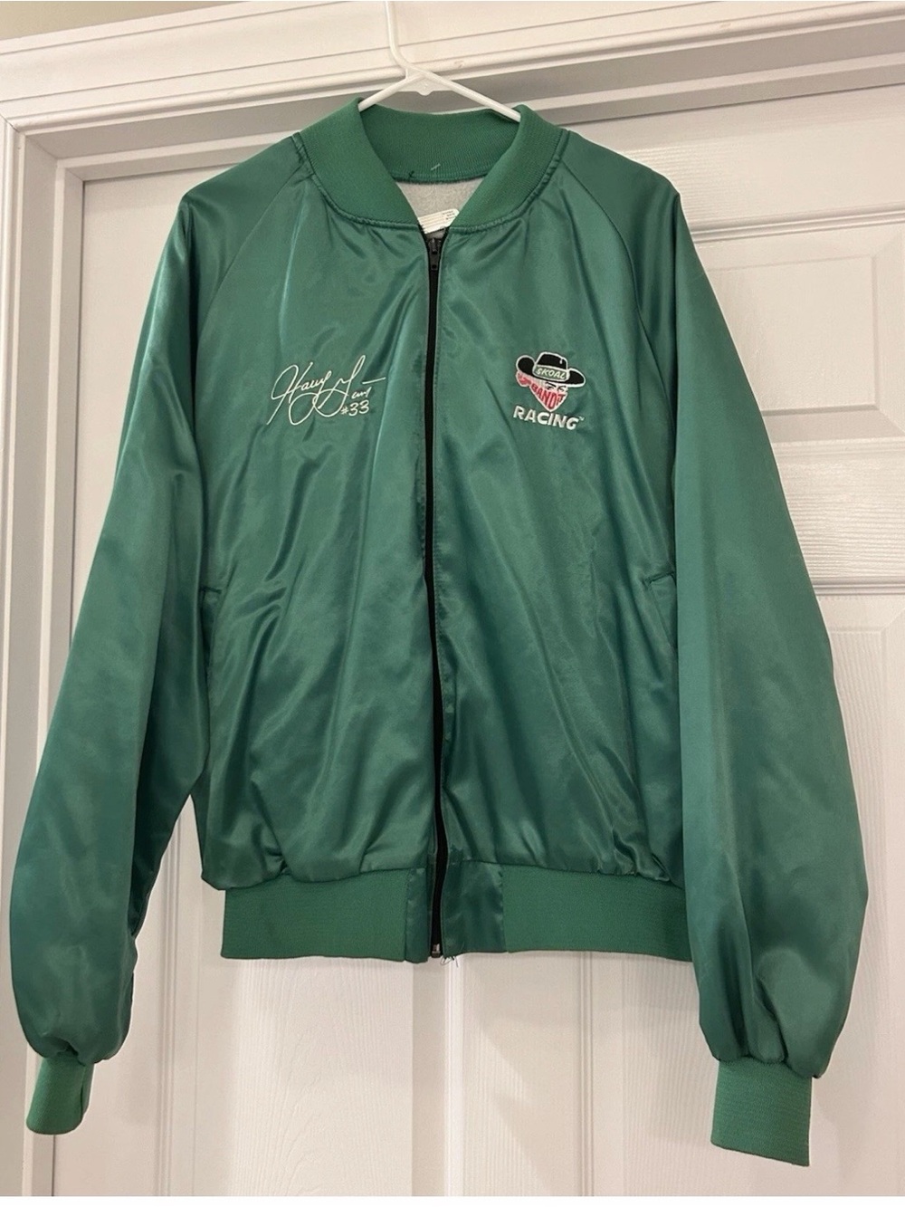 Racing Satin Bomber Jacket in Green nascar harry gant